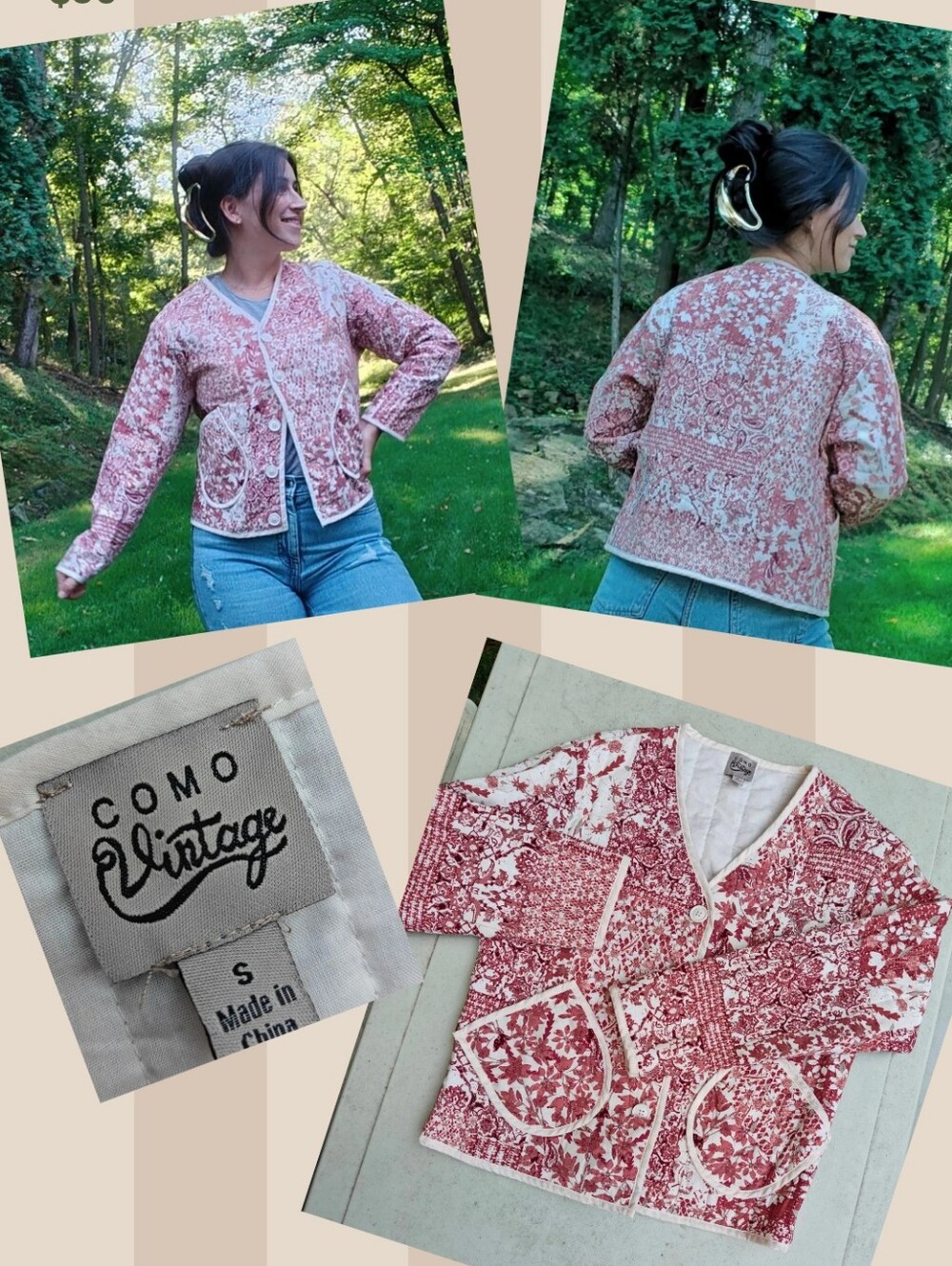 Como Vintage Red & Cream Quilted Jacket Size Small